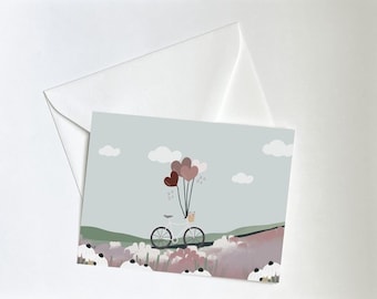 Love Fields Card,Valentines Celebration Notecard,Vintage Bicycle Card,Flower Stationery,Special Anniversary Love Notes