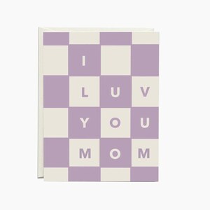 Tarjeta "Te amo", tarjeta de celebración del Día de la Madre, tarjeta moderna a cuadros, notas de amor especiales para mamá, papelería con bloques morados