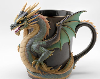May include: A black ceramic mug with a detailed, three-dimensional dragon wrapped around it. The dragon is green, gold, and tan with a fierce expression and outstretched wings. The mug has a curved handle and is approximately 4 inches tall.