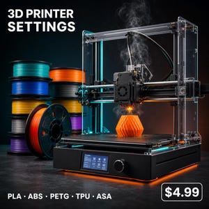 Puede incluir: Una impresora 3D con carcasa transparente imprimiendo un objeto geométrico naranja, acompañada de una pila de bobinas de filamento de colores. El texto 3D PRINTER SETTINGS y PLA, ABS, PETG, TPU, ASA es visible en el fondo oscuro.