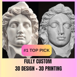 May include: Two white bust sculptures of a classical figure, side-by-side, against a black background. The text "#1 TOP PICK" is on a yellow and pink gradient banner. Below, the text reads "FULLY CUSTOM 3D DESIGN + 3D PRINTING".