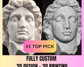 May include: Two white bust sculptures of a classical figure, side-by-side, against a black background. The text "#1 TOP PICK" is on a yellow and pink gradient banner. Below, the text reads "FULLY CUSTOM 3D DESIGN + 3D PRINTING".
