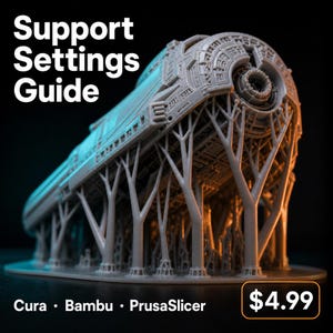 May include: A grey 3D printed model featuring complex tree-like support structures underneath a detailed mechanical component. The text Support Settings Guide, Cura, Bambu, and PrusaSlicer are visible against a dark background.