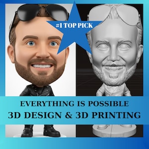 May include: A bobblehead figurine with a smiling face, sunglasses, and a black leather jacket. The image also shows a 3D rendering of the same bobblehead. The text on the image says "#1 TOP PICK" and "EVERYTHING IS POSSIBLE 3D DESIGN & 3D PRINTING".