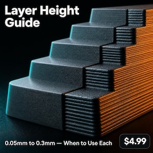 May include: A black 3D printed staircase model labeled Layer Height Guide with text 0.05mm to 0.3mm — When to Use Each. The object features distinct horizontal layers of varying thickness, illuminated by blue and orange light on opposite sides.