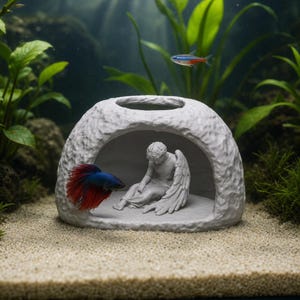 May include: A light gray, dome-shaped aquarium ornament with a textured exterior and a hollow interior. Inside the cave sits a small, detailed figurine of a seated angel with wings. A blue and red betta fish swims near the entrance of the cave.