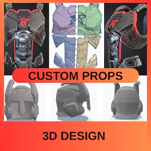 Könnte beinhalten: Eine Sammlung von 3D-designten, kundenspezifischen Requisiten, darunter Rüstungen und Helme. Das Bild zeigt verschiedene Designs in Grau-, Schwarz-, Rot-, Lila-, Grün-, Blau- und Beigetönen. Der Text "CUSTOM PROPS" und "3D DESIGN" ist auf orangefarbenem Hintergrund zu sehen.