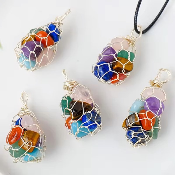 Vibrant Chakra Stone Pendant – Handcrafted Wire-Wrapped Multi-Colored Gemstone Necklace