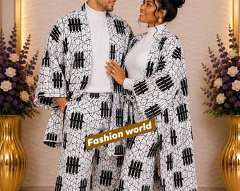 May include: Two matching outfits featuring white long-sleeved mock neck tops paired with white wide-leg trousers and open-front jackets, all decorated with a black geometric grid pattern and the text Fashion World printed on the fabric.