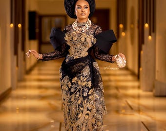 Black and Gold George Bridal Outfit: Traditional African Wedding