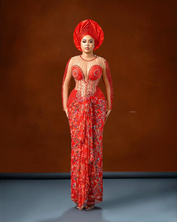 Red Beaded African Wrap Dress: Evening Party Ball Gown - Etsy