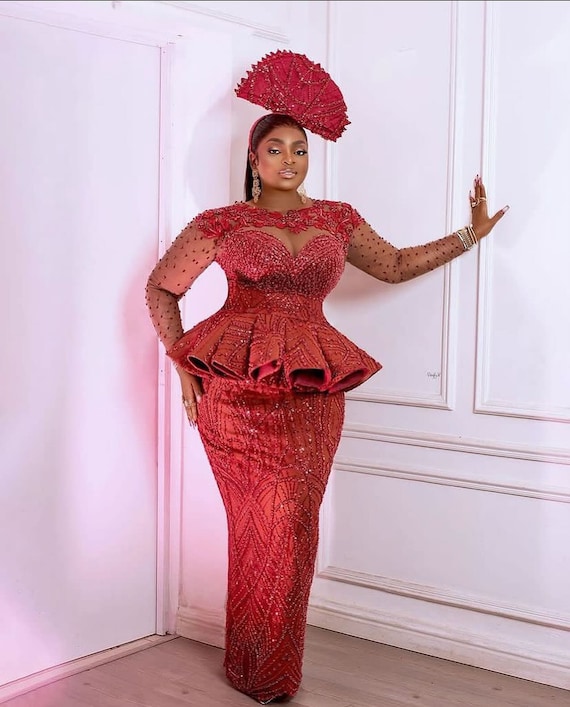 African Beaded Oxblood Red Dress: Women's Party Ball Gown
