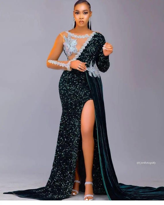 African Asoebi Sequin Dress: Nigerian Prom Gown, Evening Party Dress