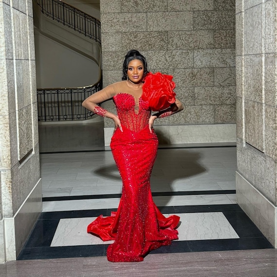 open lace back dress Mermaid Sequins Beaded Pleated Sparkly Red Prom Dress for Black Girls –  Loveiss