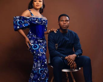 Ankara Matching Couple Outfit: Traditional Wedding Dress, Engagement Photoshoot