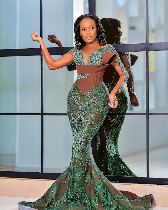 african evening dresses Kateprom Beautiful Green Lace Long Prom Dresses, African Formal Dresse –  kateprom