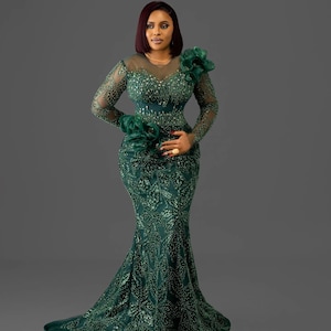 green emerald velvet dress A-Line V-Neck Long Sleeves Dark Green Prom Dress with Split PSK082 US8 / Custom Color main image 1