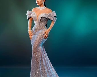 Luxury Beaded Silver Prom Dress: African Wedding Guest Evening Gown Luxury Beaded Silver Prom Dress: African Wedding Guest Evening Gown
