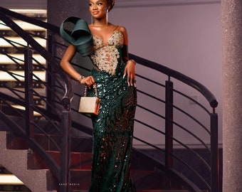 Vestido de baile verde esmeralda com contas: vestido de noite africano
