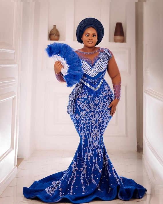 Ball Gown Royal African Queen Dresses Royal Blue African Prom Dresses  Crystals Rhinestones  Jkprom