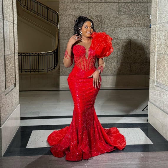 red african prom dress Luxury Beaded Red Prom Dress: African Homecoming Gown