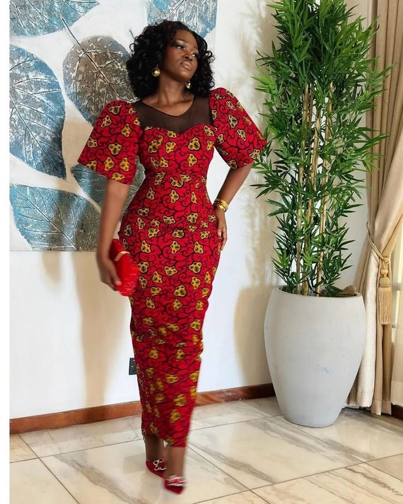 red and gold african dress "Gbemi" Rema Kente Dress in Red Gold White and Black African Ankara Print