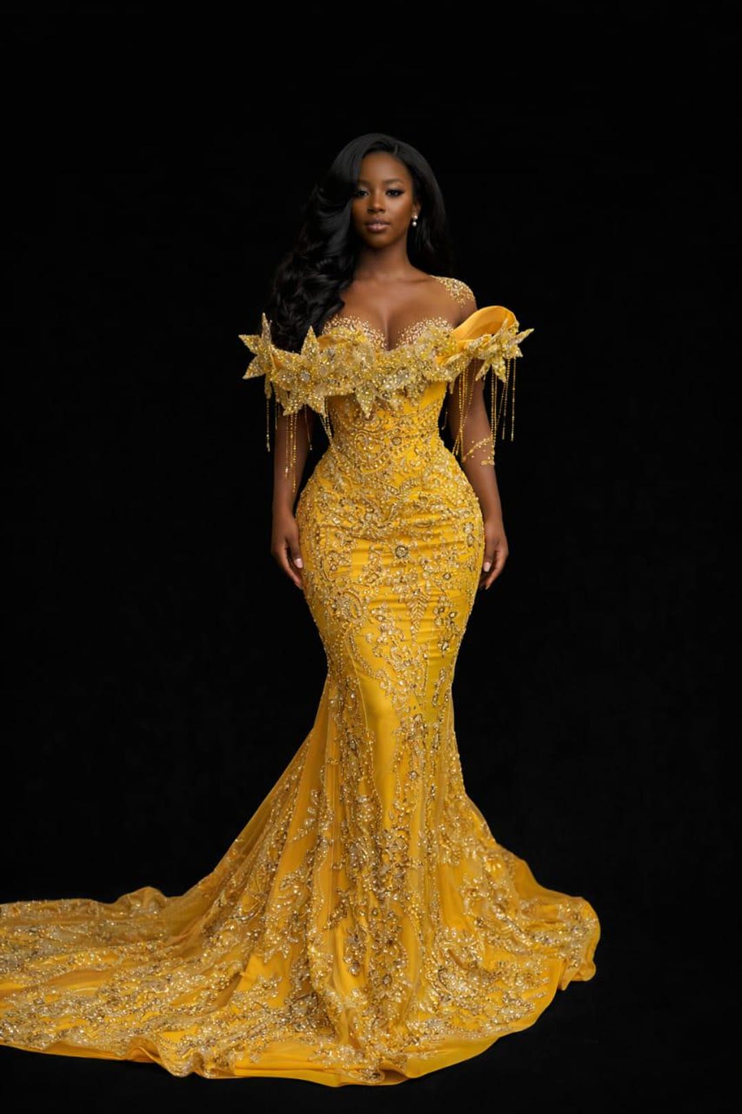 yellow beaded prom dress Satin V Neck Yellow Beaded Long Mermaid Prom Dresses