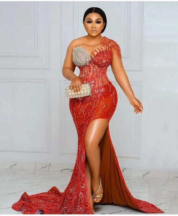 African Asoebi Red Dress: Nigerian Prom, Evening, or Wedding Guest Gown