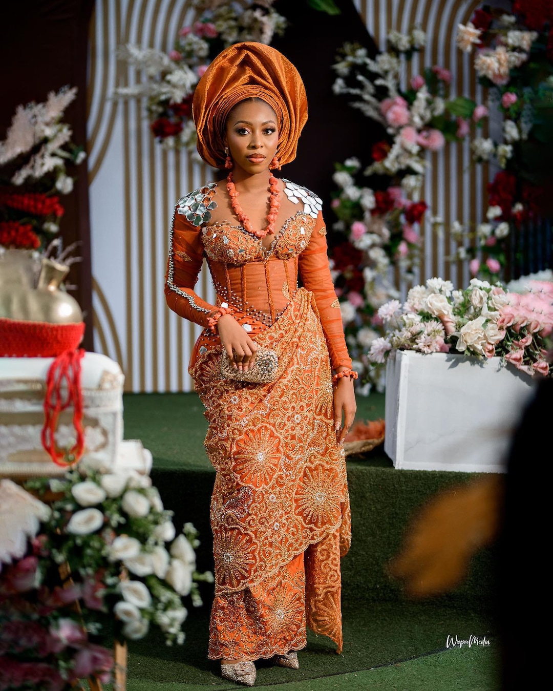Burnt Orange African George Fabric Bridal Outfit: Traditional Wedding Dress Burnt Orange African George Fabric Bridal Outfit: Traditional Wedding Dress