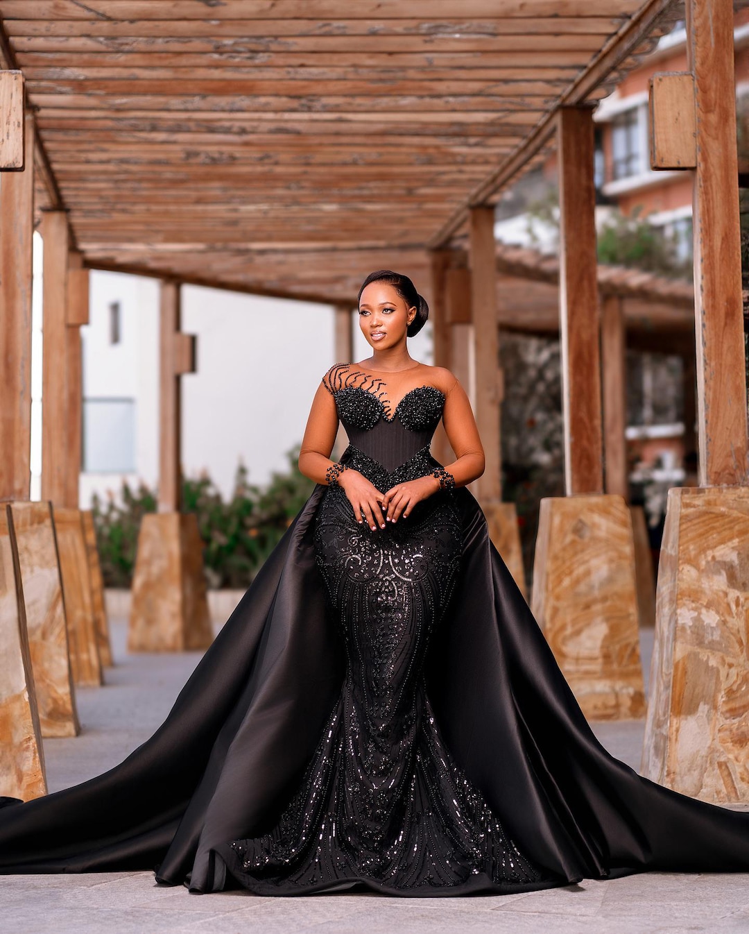 black elegant prom dress Stunning Black Mermaid Prom Dress with Slit, Feathers, and Spaghetti Straps 22184 main image 0