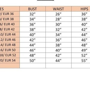 Puede incluir: Una tabla de tallas para ropa con medidas en pulgadas para el busto, la cintura y las caderas. La tabla incluye tallas del Reino Unido, EE. UU. y la UE.