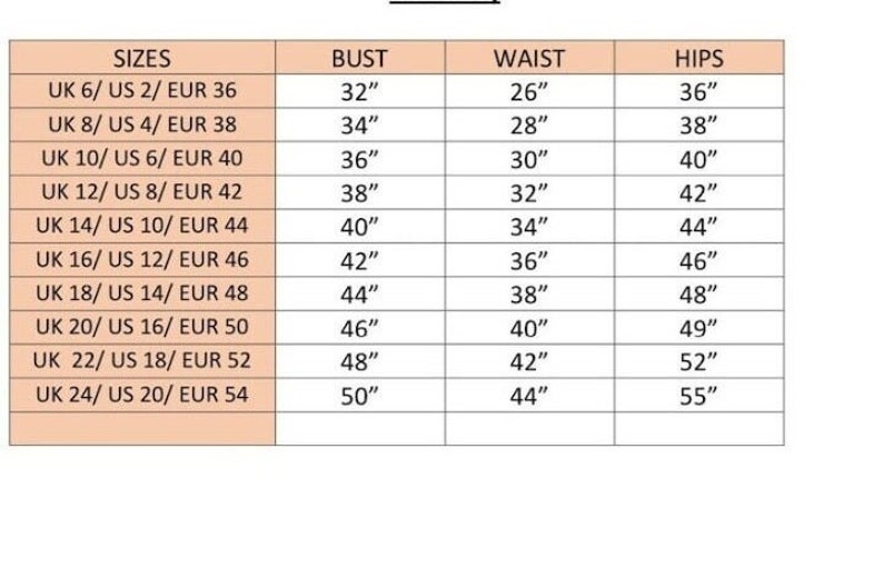 Puede incluir: Una tabla de tallas para ropa con medidas en pulgadas para el busto, la cintura y las caderas. La tabla incluye tallas del Reino Unido, EE. UU. y la UE.