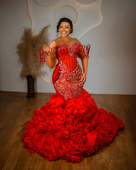Red Beaded African Dress: Elegant Prom, Evening, Party Gown - Etsy