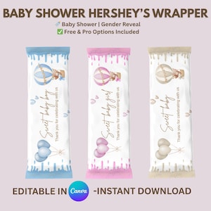 Puede incluir: Tres envoltorios de barras de chocolate Hershey's para un baby shower. Los envoltorios son blancos con detalles en azul, rosa y beige. Cada envoltorio tiene un gráfico de globo aerostático y el texto "Sweet baby boy", "Sweet baby girl" y "Sweet baby".