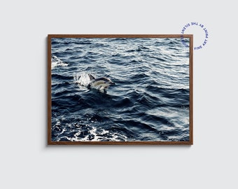 Oceaan kunstwerk. Dolfijn afdrukken. Foto van een dolfijn die uit de donkerblauwe zee springt. Oceaanmuurkunstdecor voor badkamer of slaapkamer.
