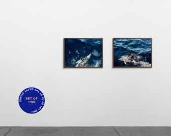 Set van 2 Fine Art Photography Prints van dolfijnen in de donkerblauwe oceaan. Badkamerdecoratie voor aan de muur.