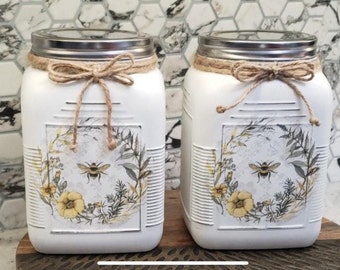 2 Piece Rustic Farmhouse Bee Canister Set/Cottage Cracker Jar/Rustic Canisters/Country Decor/Housewarming/Wedding/Mothers Day/Gift