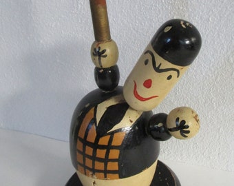 Happy Man Wooden Hat Stand Painted Figural Waving Suit Millinery Decor