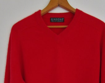XL Mens Red CASHMERE V Neck Pullover Sweater Classic Giasone Saddle Shoulder