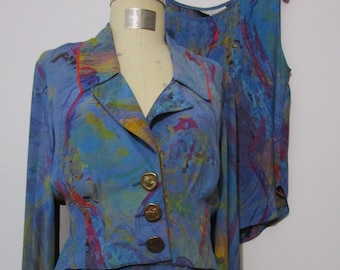 M Platinum Dorothy Schoelen 80s Rayon Cropped Jacket Tank Shorts Suit Abstract Teal Gold Vintage