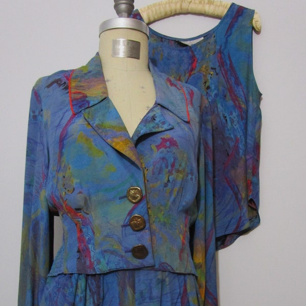M Platinum Dorothy Schoelen 80s Rayon Cropped Jacket Tank Shorts Suit Abstract Teal Gold Vintage