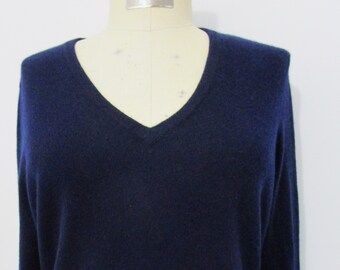 L P Lands End CASHMERE Pullover Easy Sweater Navy V Neck Cuddly Knit Luxury