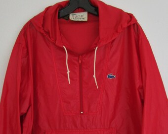 XL Mens Lacoste Windbreaker Alligator Nylon Quarter Zip Jacket 70s Anorak Pullover Red Hooded Vintage Unisex