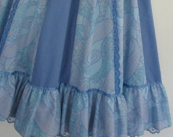 1970s Gunne Prairie Peasant Skirt Vintage Blue Cotton Patchwork Lace Ruffles Pockets