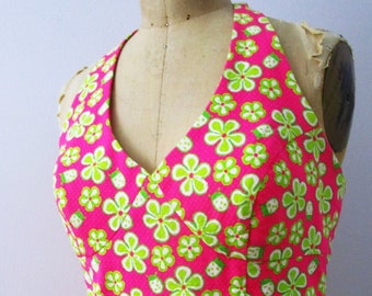 sz6 Lilly Pulitzer Bright Pink Lime Halter Top Dune Buggy Ladybug Print