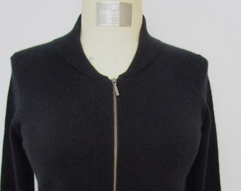 S M Black CASHMERE Brass Full Zipper Knit Cardigan Sweater Jacket Baseball Collar