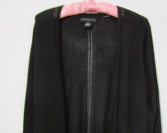 XL Joan Vass Duster Maxi Cardigan Sweater Faggoting Stitching Open Front Black New York