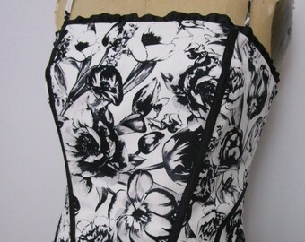 sz6 White Black Floral Bustier Corset Strapless Camisole Hourglass Boning