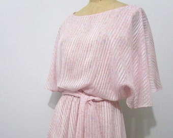 4 Angel Sleeve Floaty 70s 80s Pink Satin Ribbon Bias Dance Dress Midi Ciao Ltd