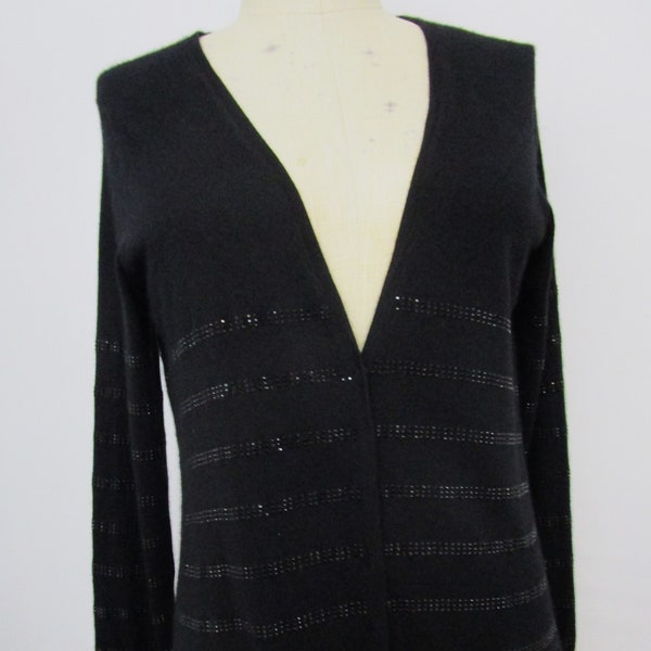 S  Bloomingdales Black CASHMERE Cardigan Cardy Sweater Jet Stripes Pockets